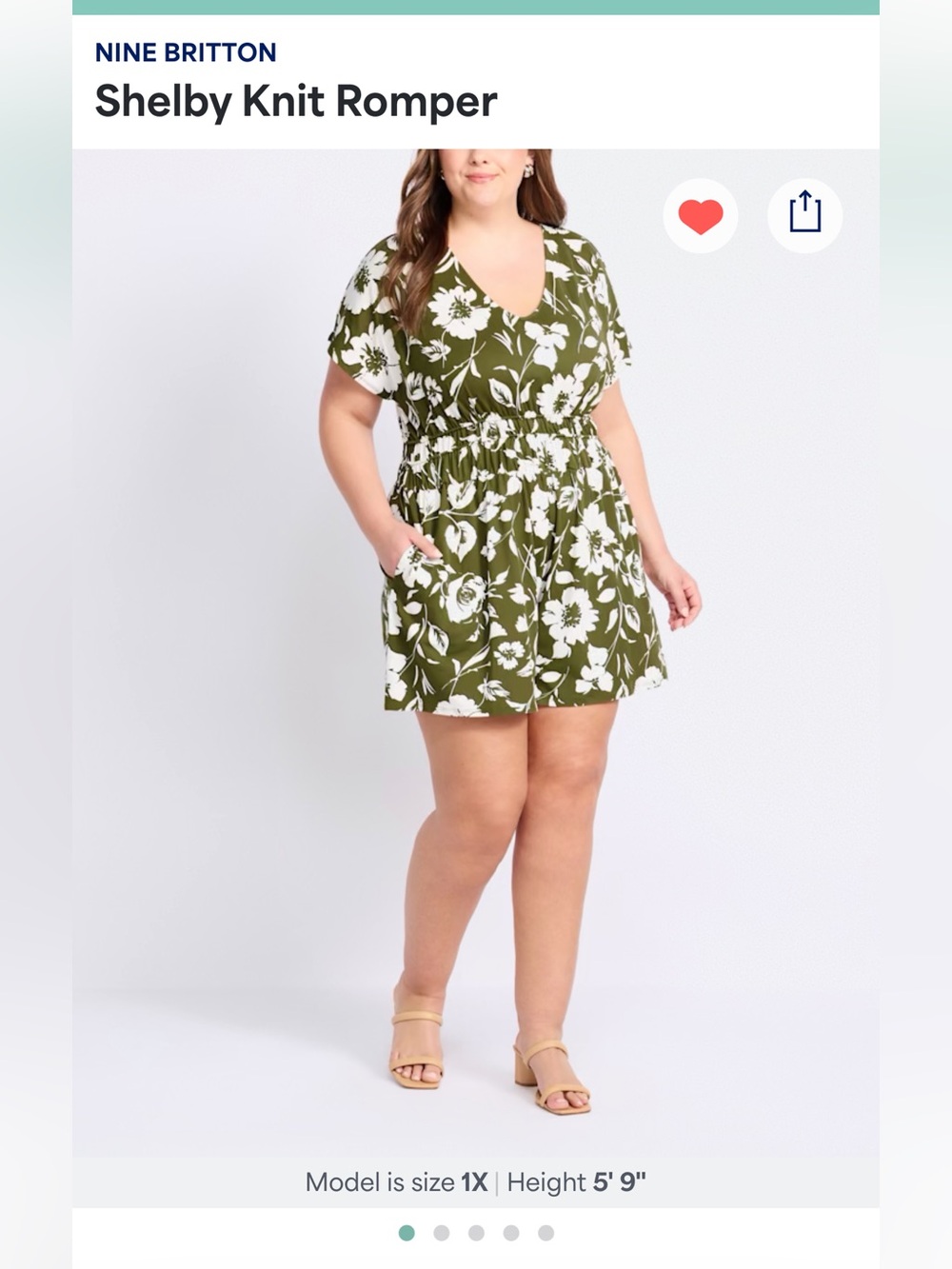 Nine Britton 2X Olive Green White Floral Stretch Romper